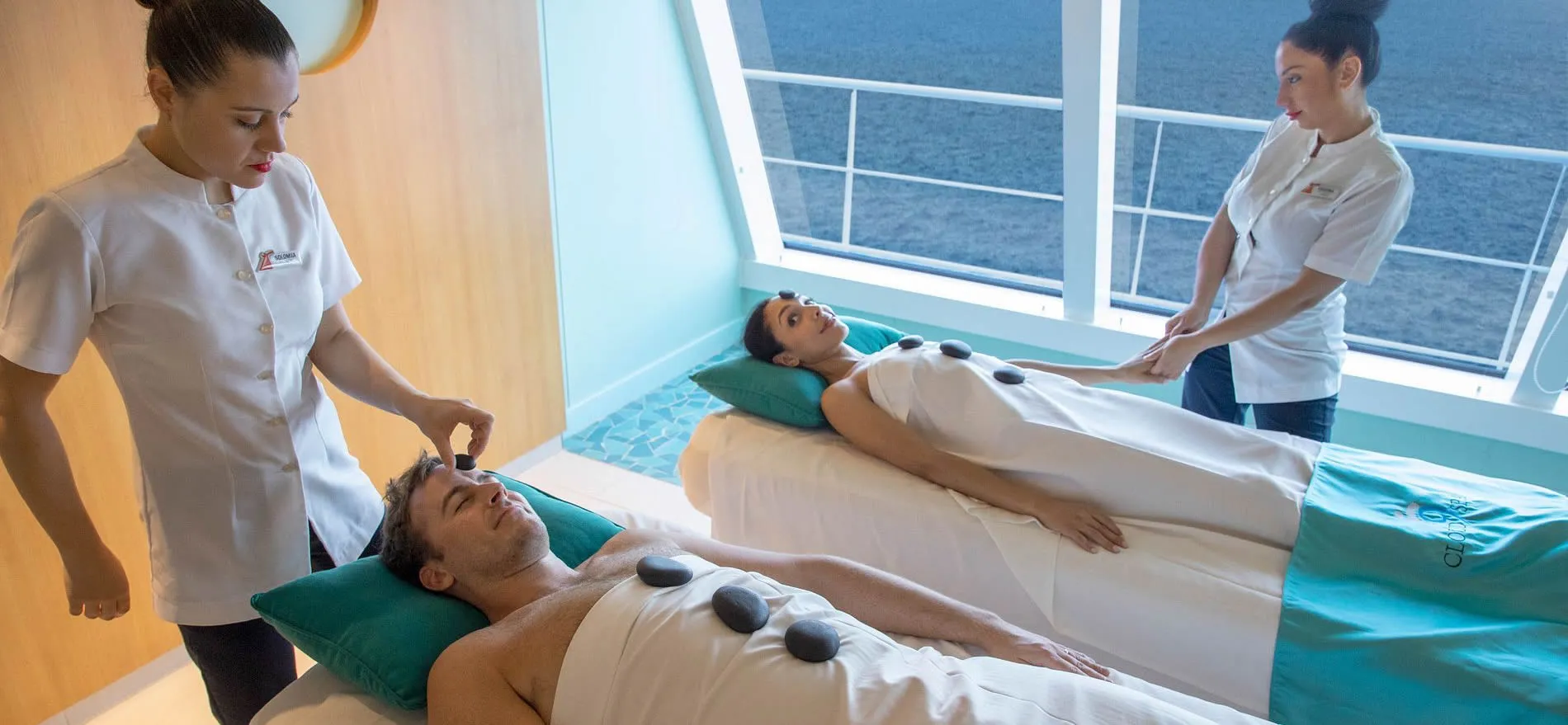 Spa treatment with hot stones on cruise ship with ocean view