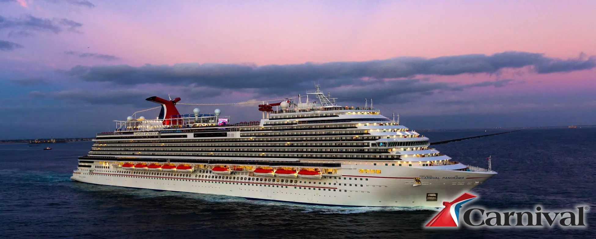 Carnival cruise ship at sunset, sailing on calm ocean waters