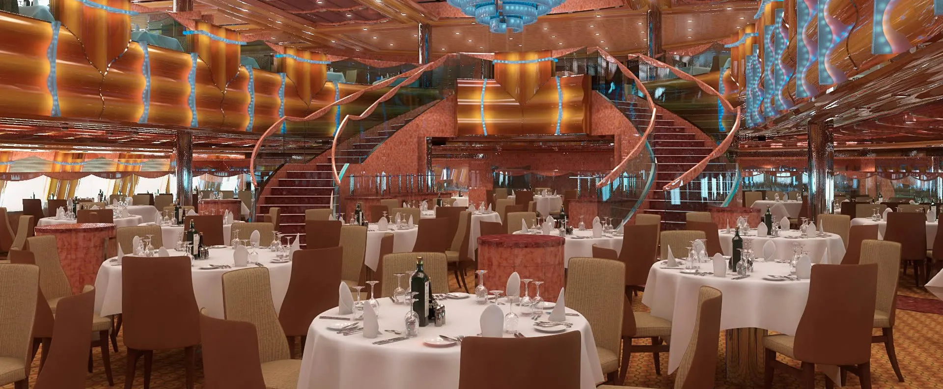 Elegant cruise ship dining room with white-clothed tables and curved staircase