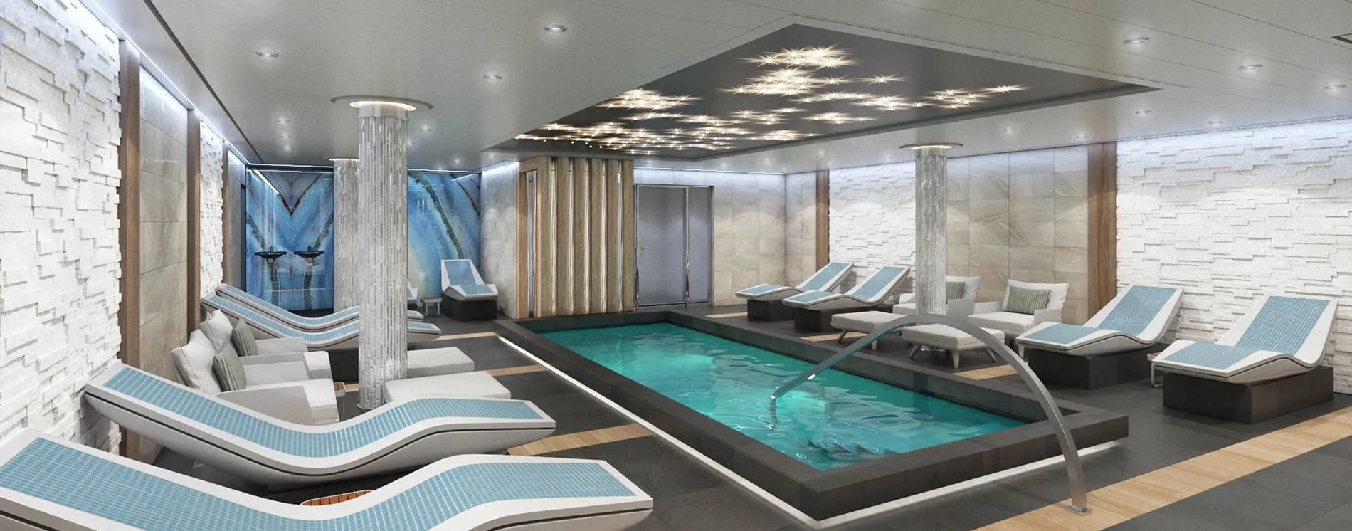 Modern indoor spa with turquoise pool, loungers, and elegant starry ceiling