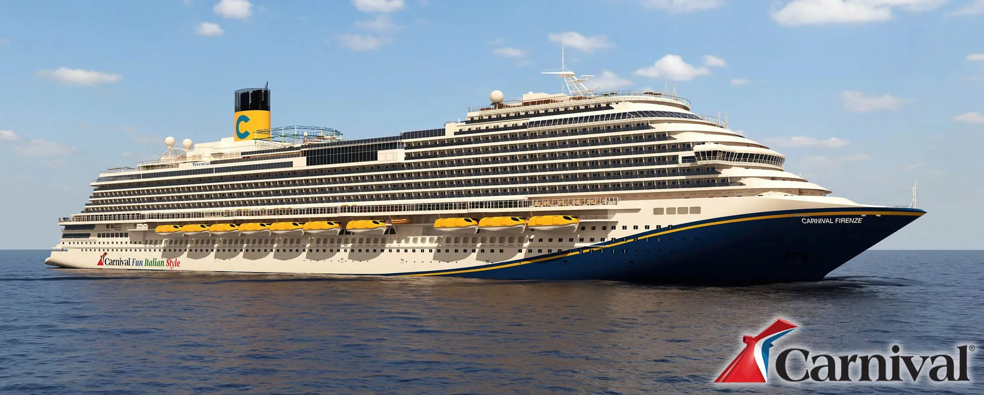 Large Carnival cruise ship Firenze sailing on blue ocean waters