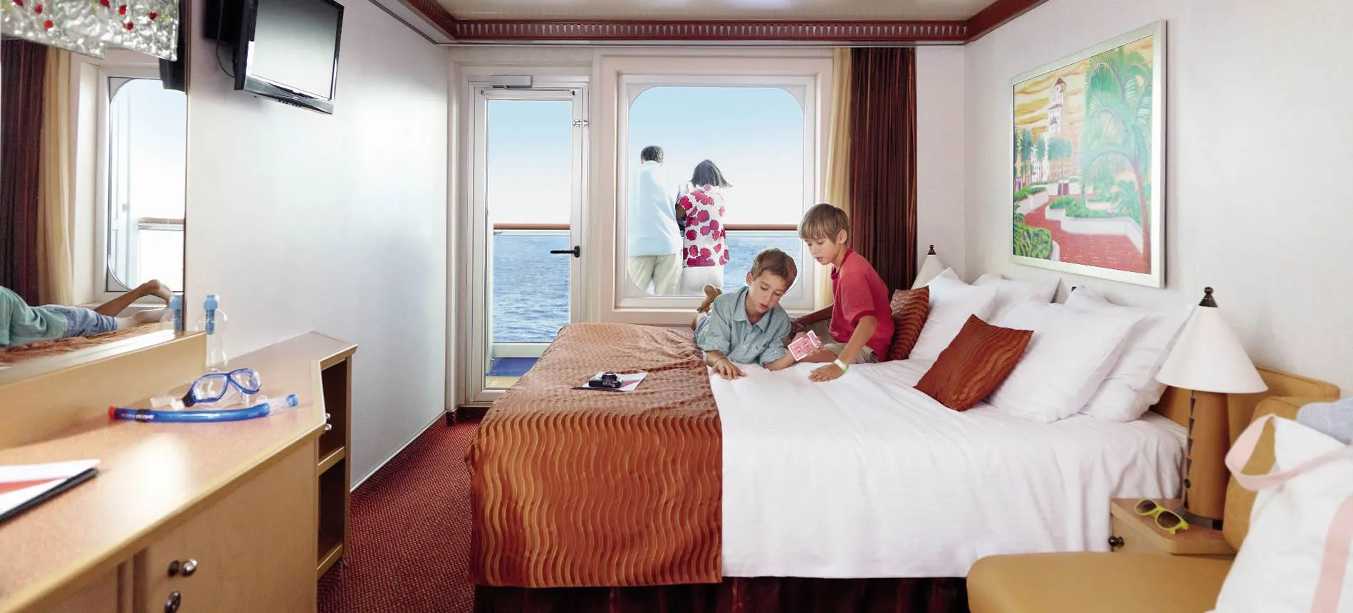 Cruise ship cabin with children playing, ocean view through window