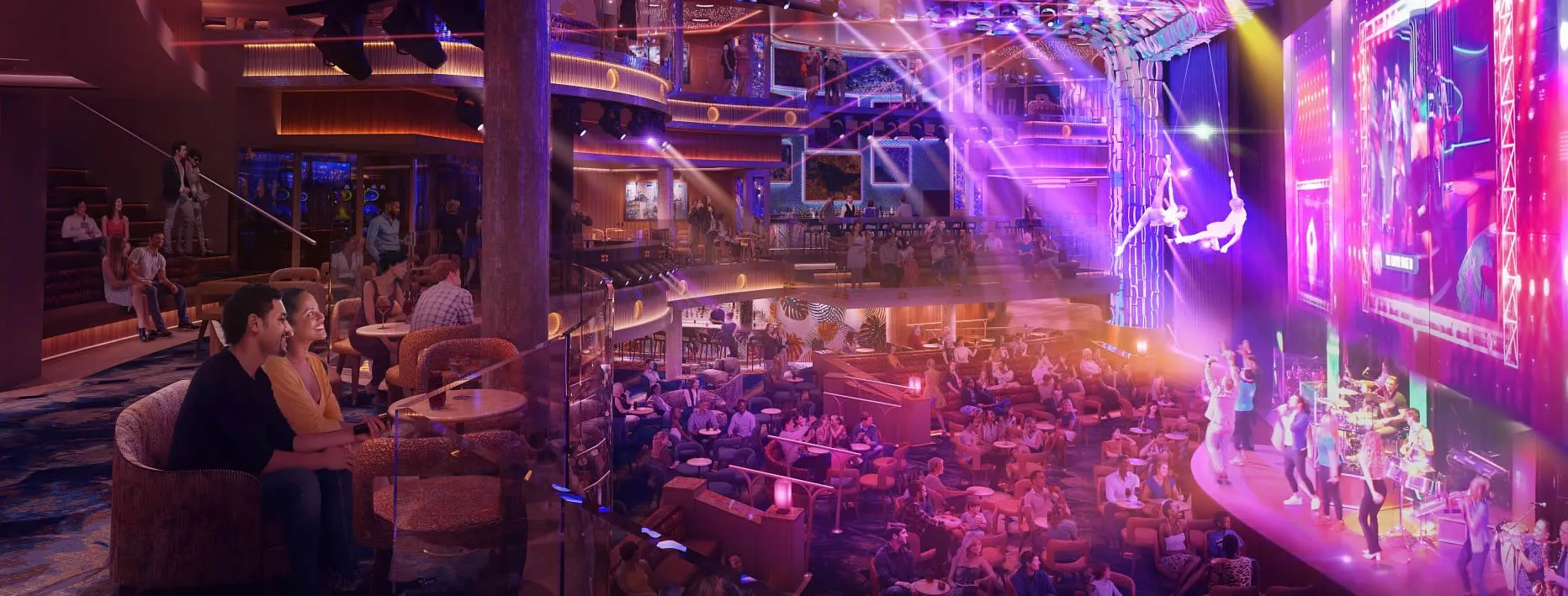 Vibrant multi-level entertainment venue with live performance and colorful lighting