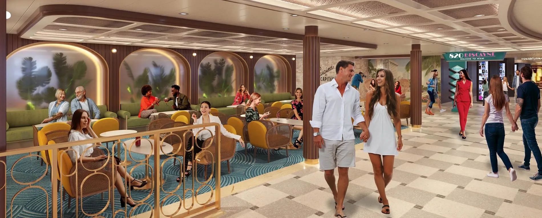Elegant cruise ship lounge with people relaxing and walking, modern interior design