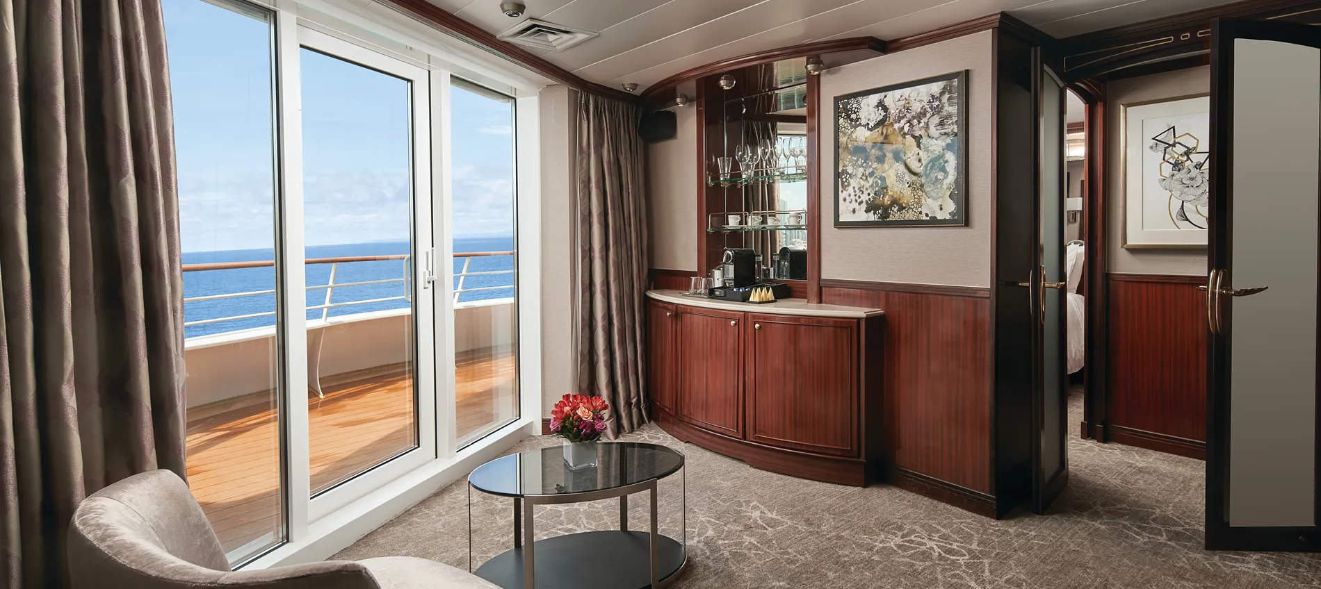 Luxurious cruise ship cabin with ocean view and elegant interior design