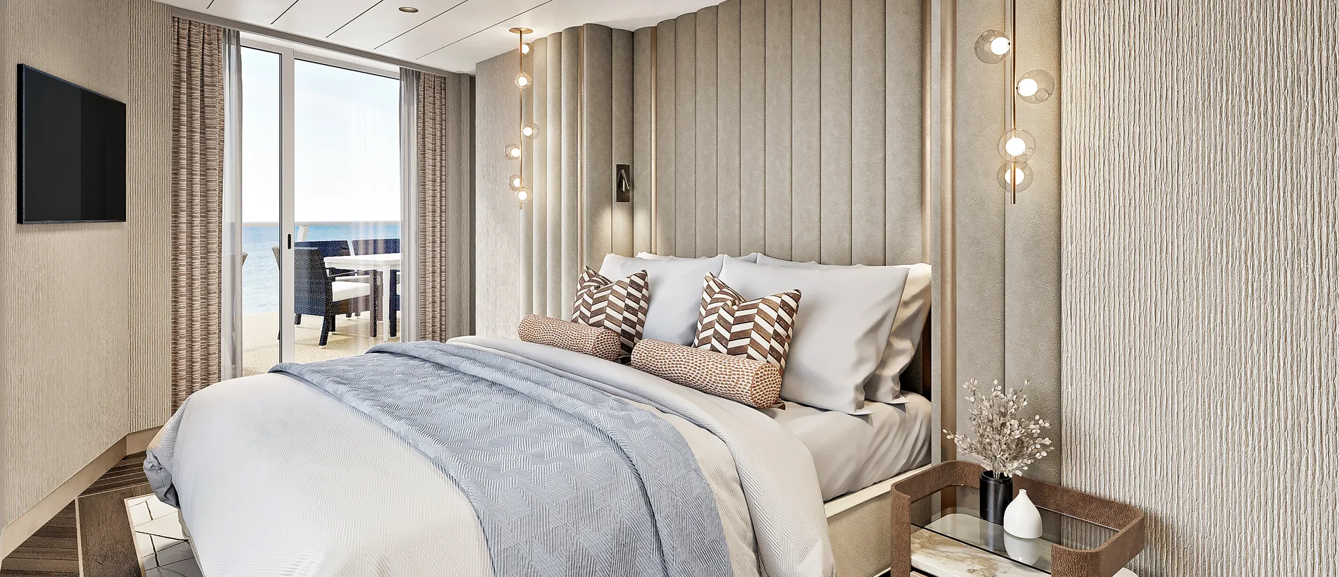 Luxury bedroom with ocean view, modern design, soft blue and white bedding