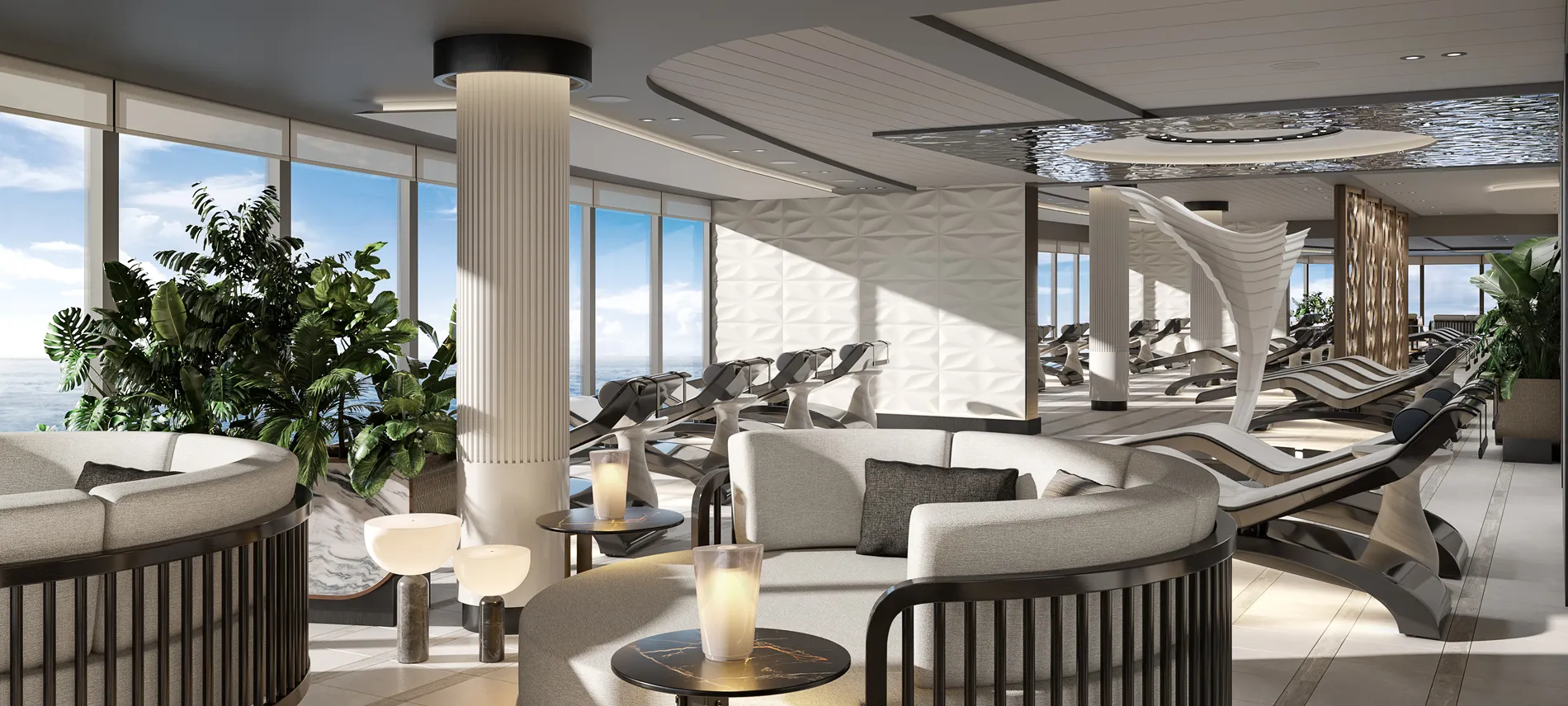 Luxurious spa interior with ocean view, lounge chairs, and modern design