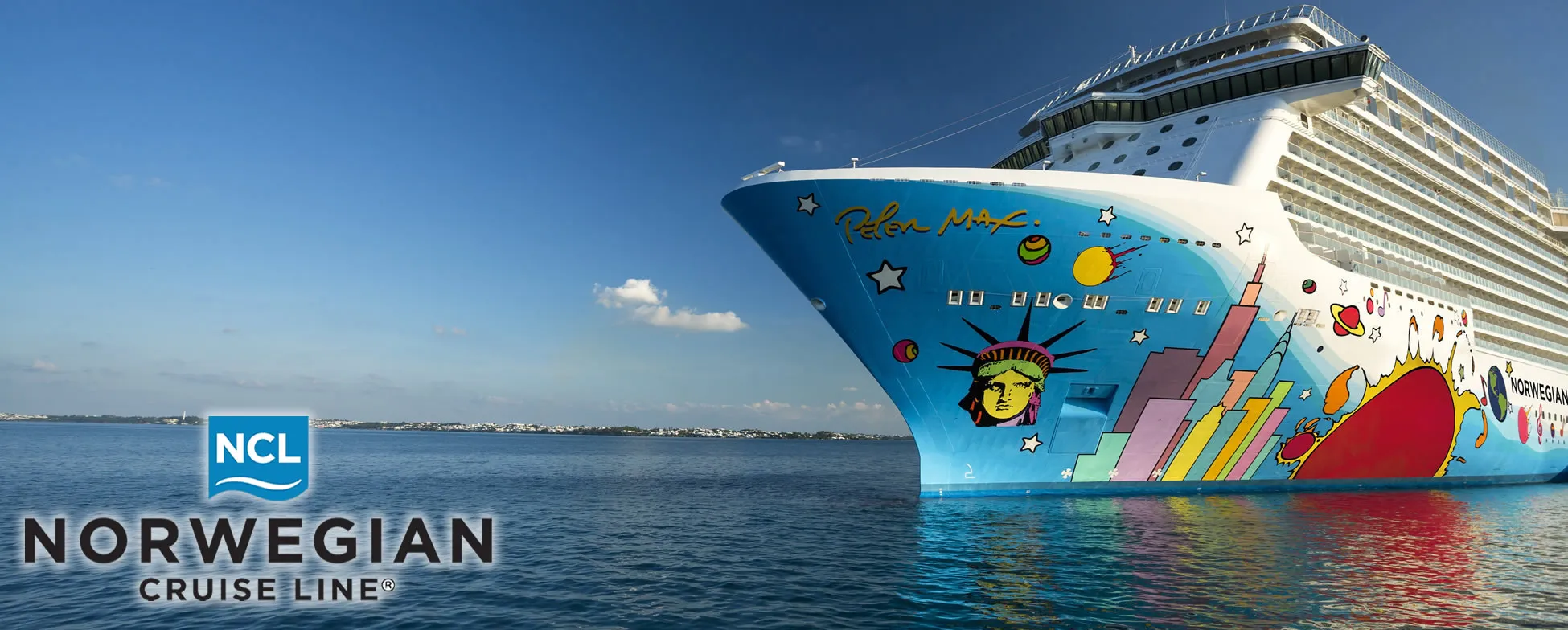Colorful Norwegian Cruise Line ship with pop art design on blue water