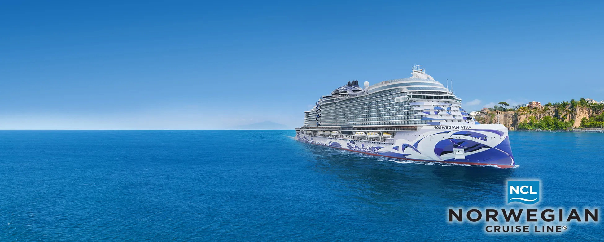 Norwegian Viva cruise ship sailing on blue ocean near coastal landscape