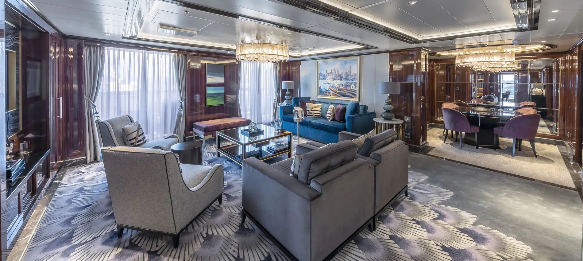 Luxurious cruise ship suite with elegant furniture and cityscape artwork