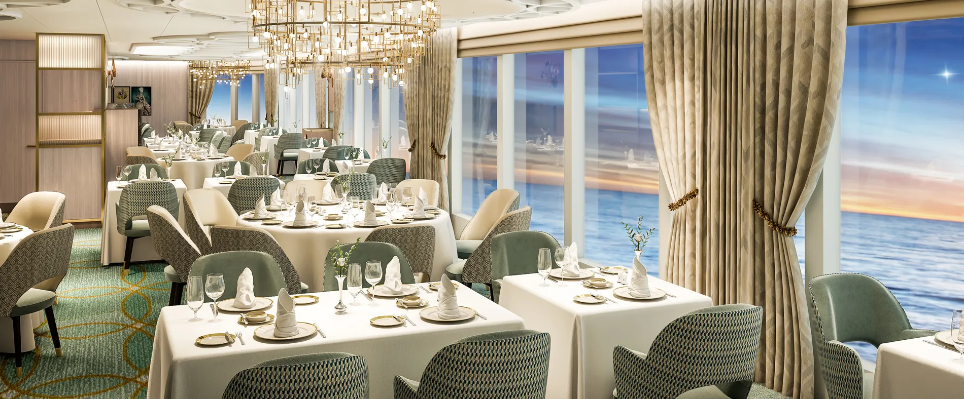Elegant cruise ship dining room with ocean view and chandelier