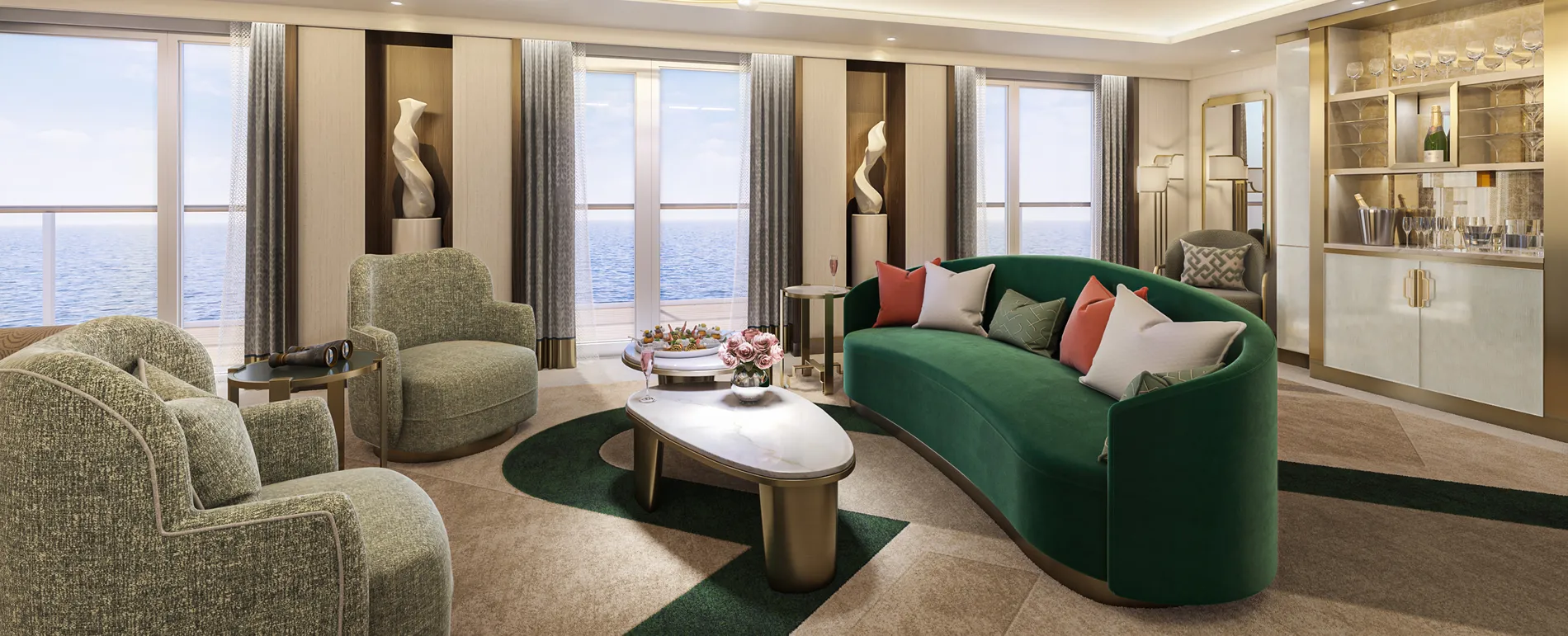 Luxurious cruise ship suite with ocean view, green sofa, and elegant decor