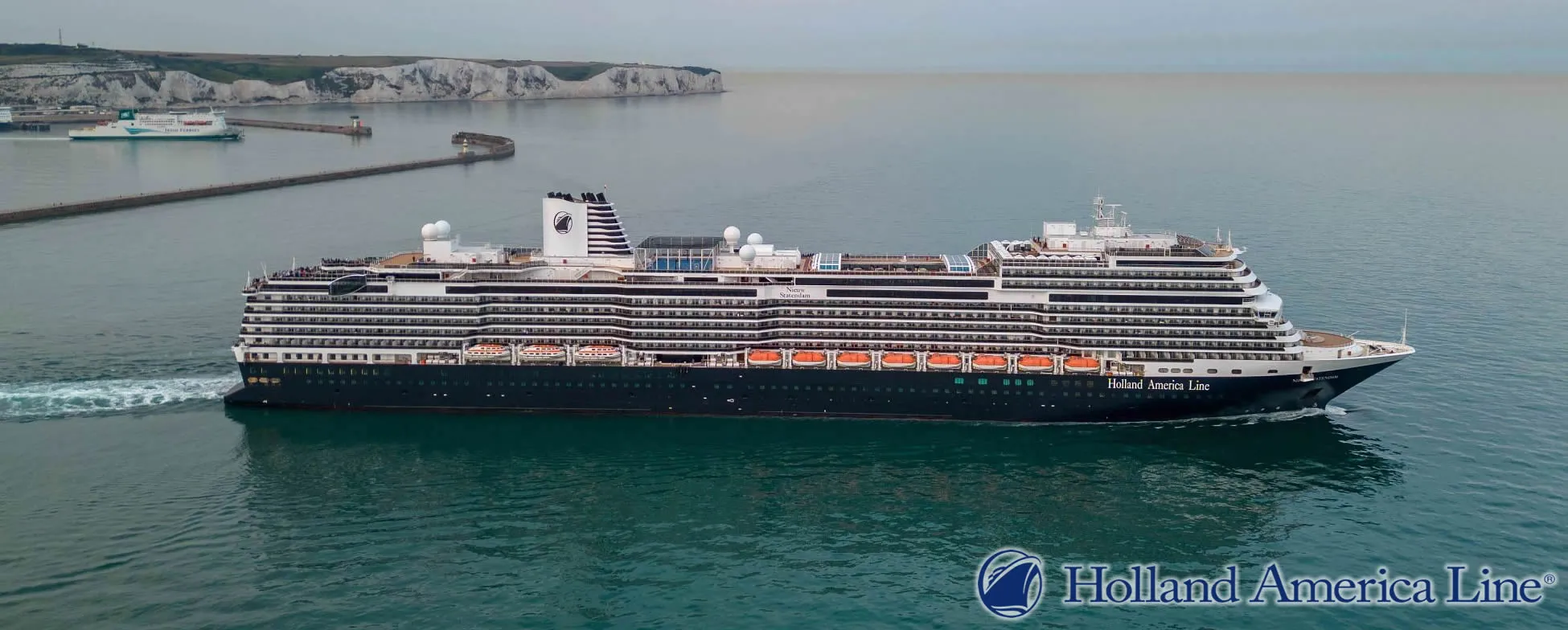 Holland America cruise ship near white cliffs of Dover, England