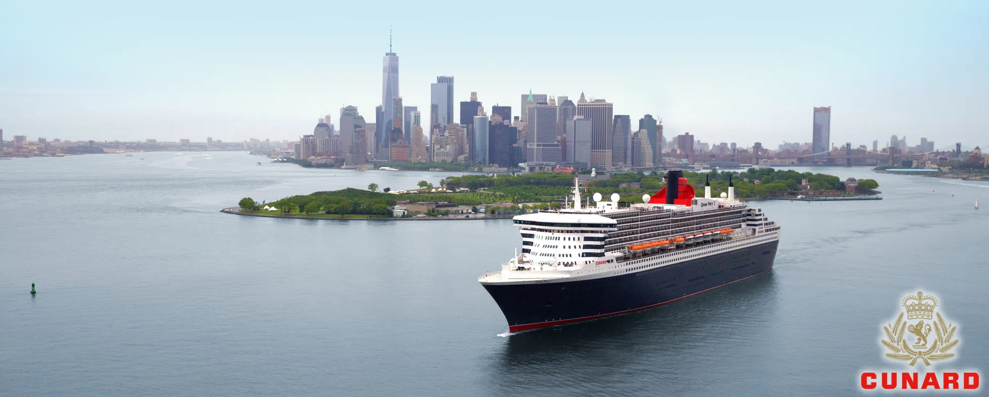 Cunard cruise ship near Manhattan skyline with Governors Island in foreground