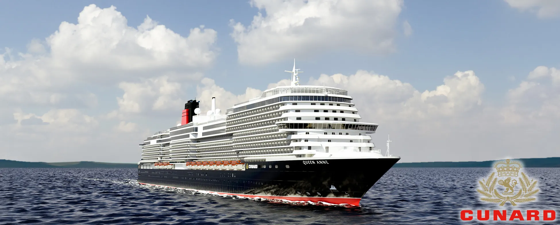 Cunard's Queen Anne cruise ship sailing on blue waters