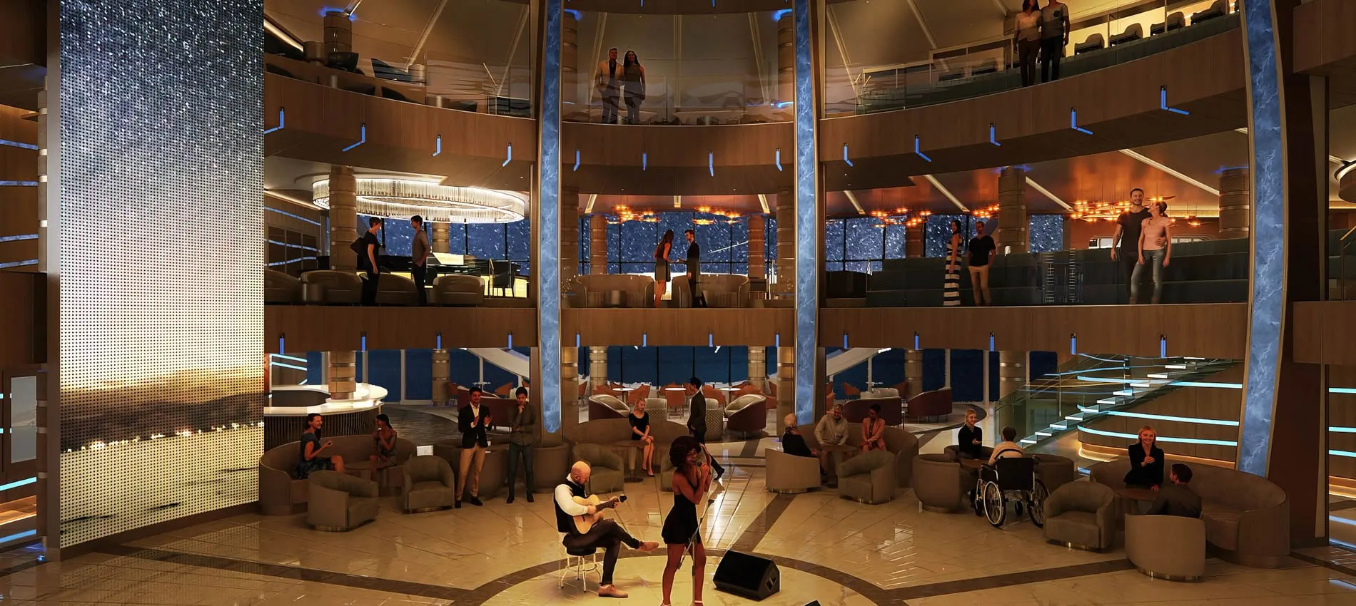 Modern multi-level lounge with live music performance and scattered people