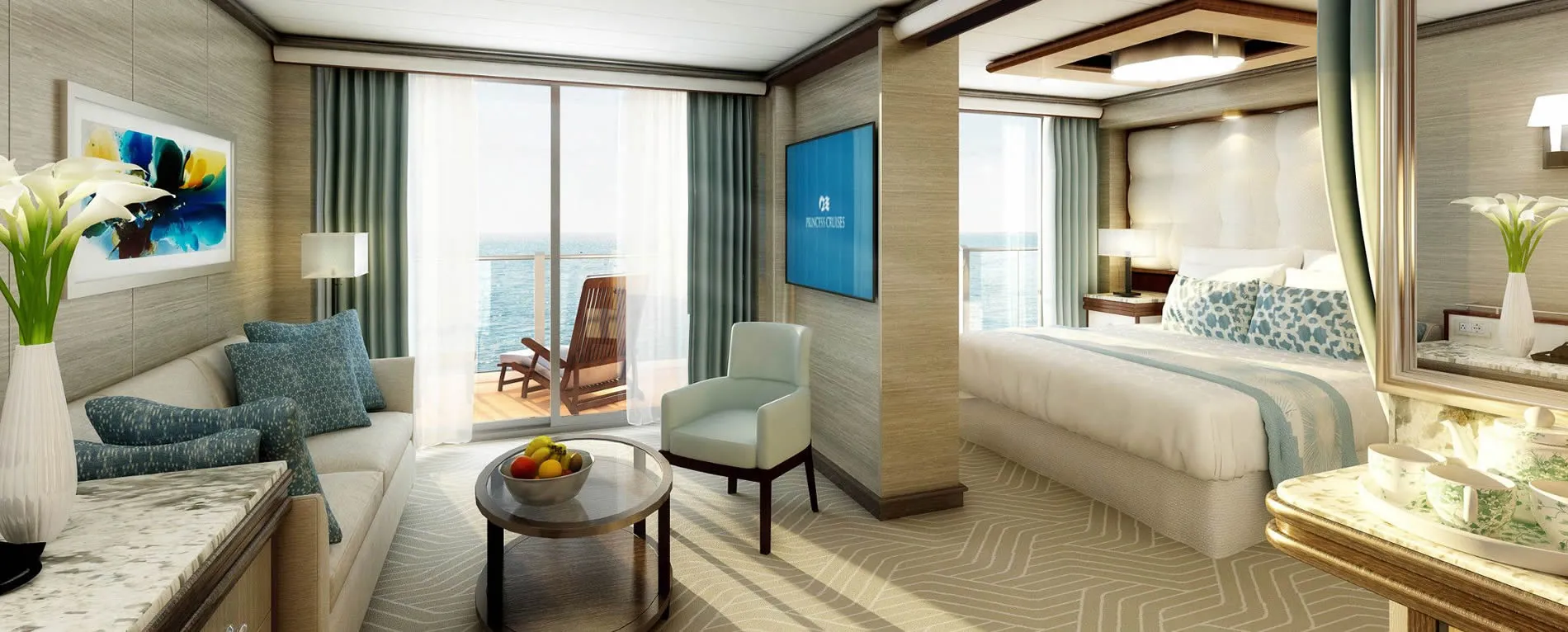 Luxurious cruise ship suite with ocean view, modern decor, and comfortable furnishings