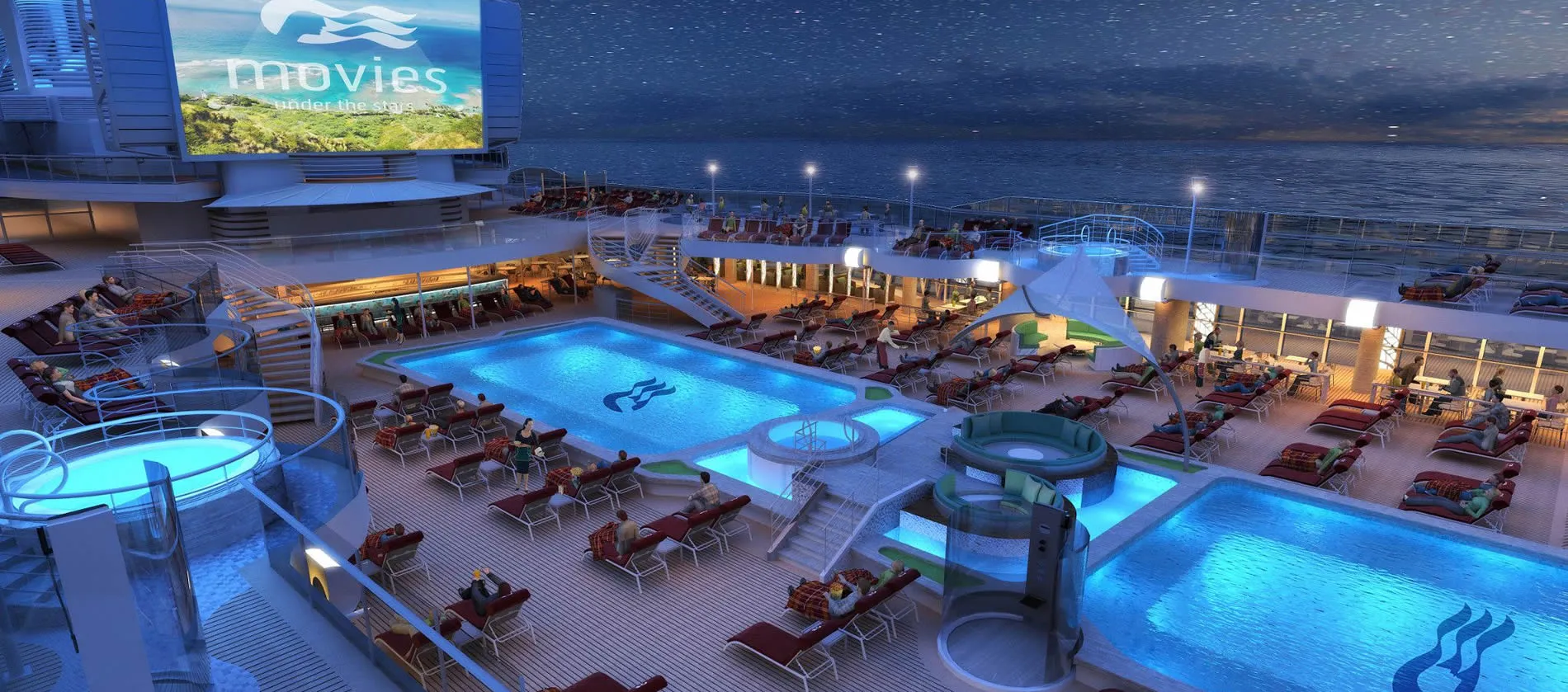 Cruise ship deck at night with illuminated pools and outdoor movie screen
