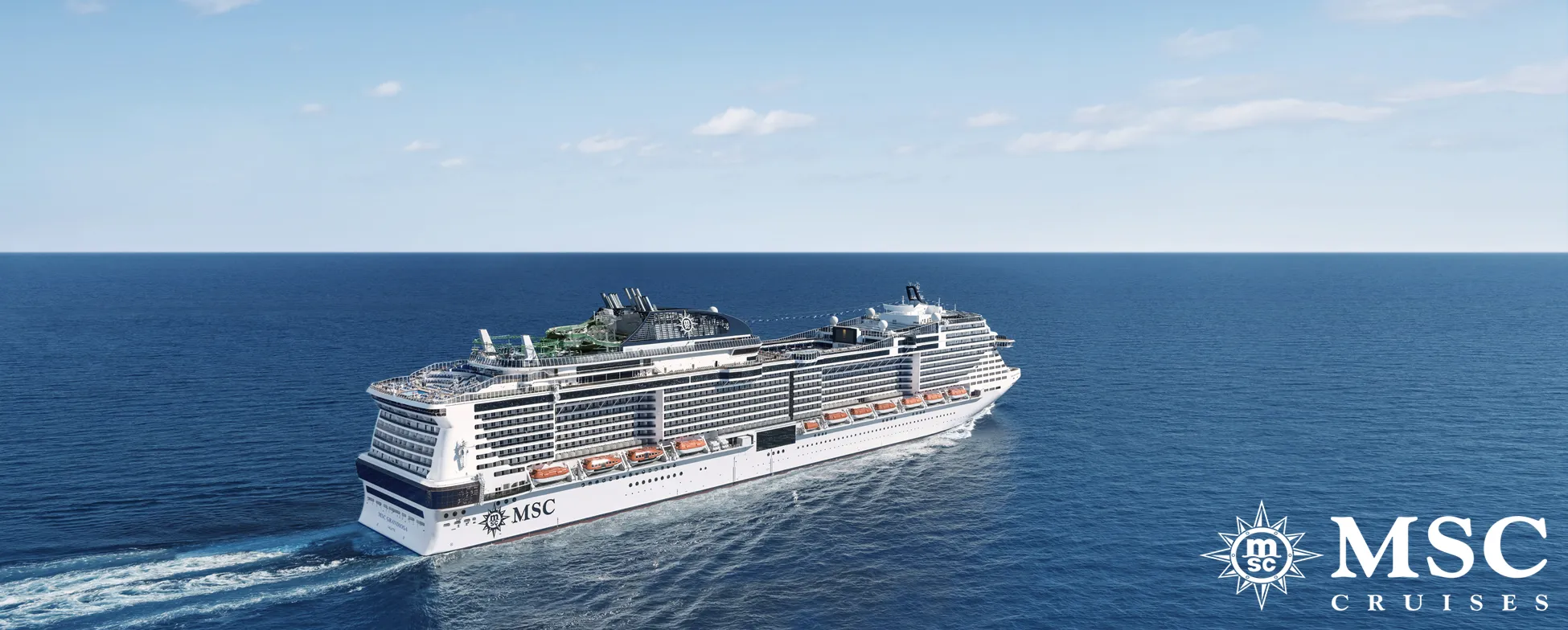 Large MSC cruise ship sailing on blue ocean with clear sky