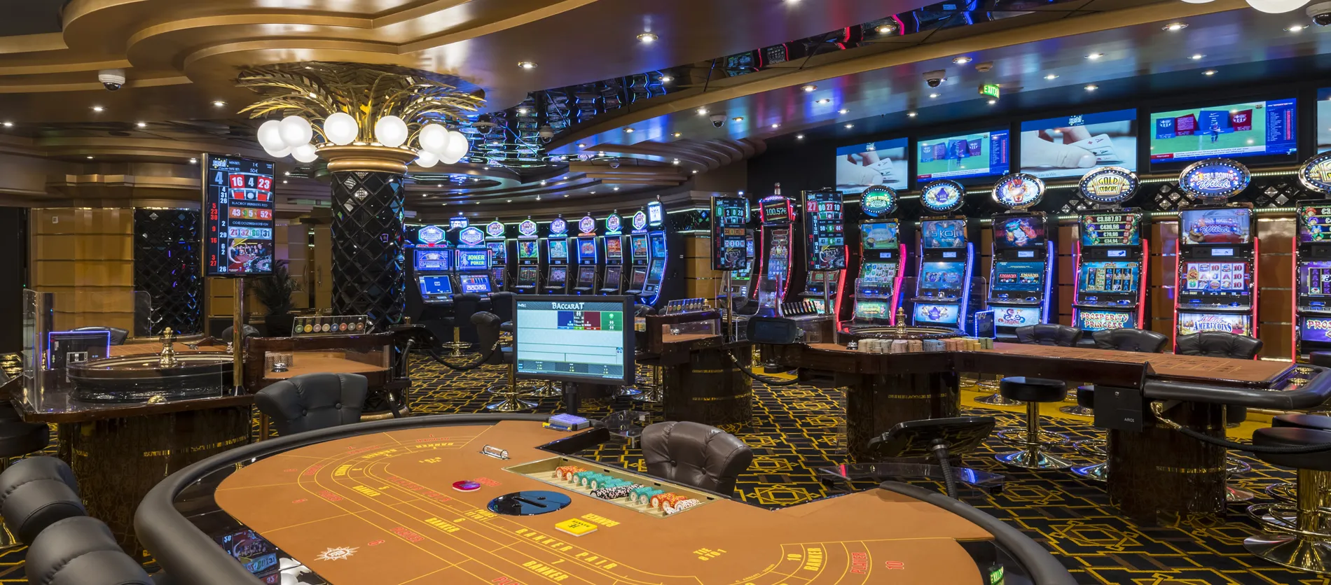 Luxurious casino interior with slot machines and gaming tables