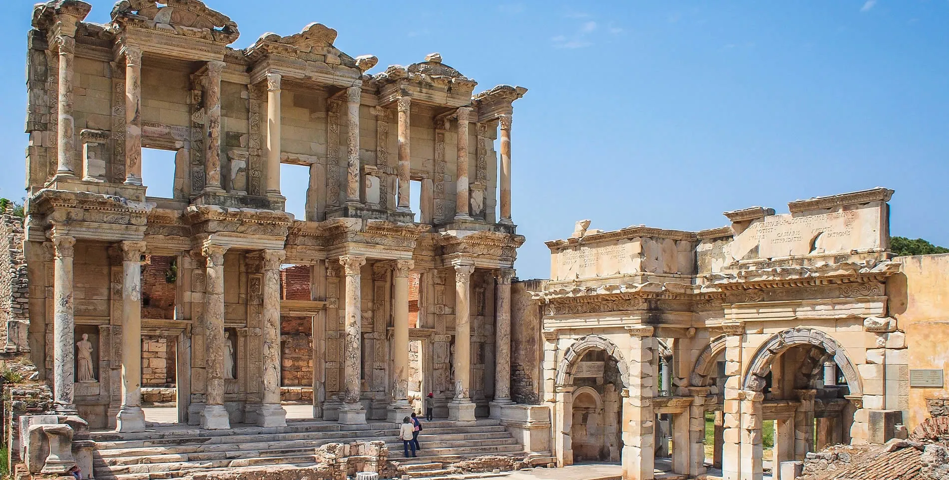 Ancient Roman library of Celsus at Ephesus with intricate stone columns