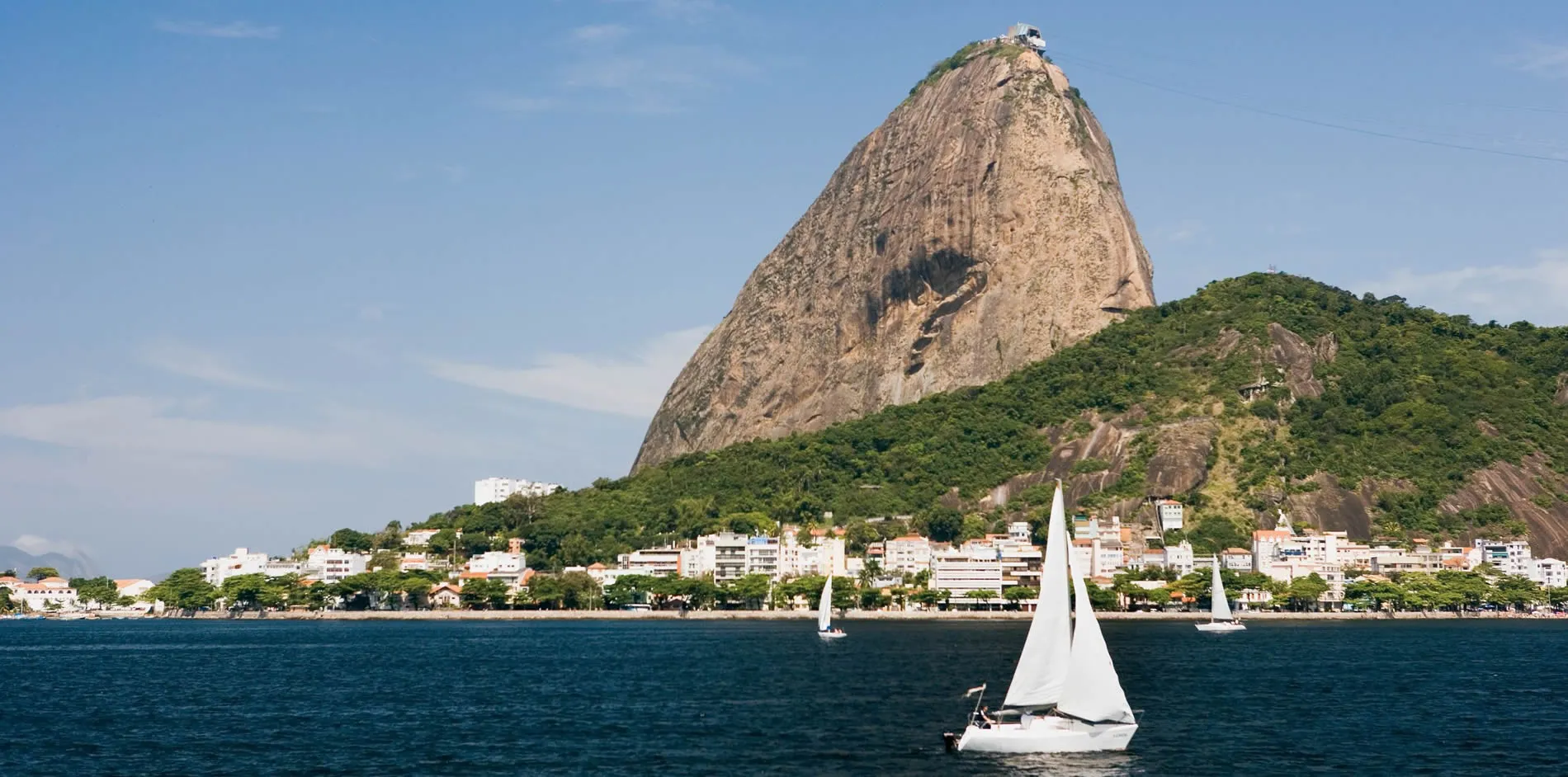 Sugarloaf Mountain in Rio de Janeiro with sailboats in blue water