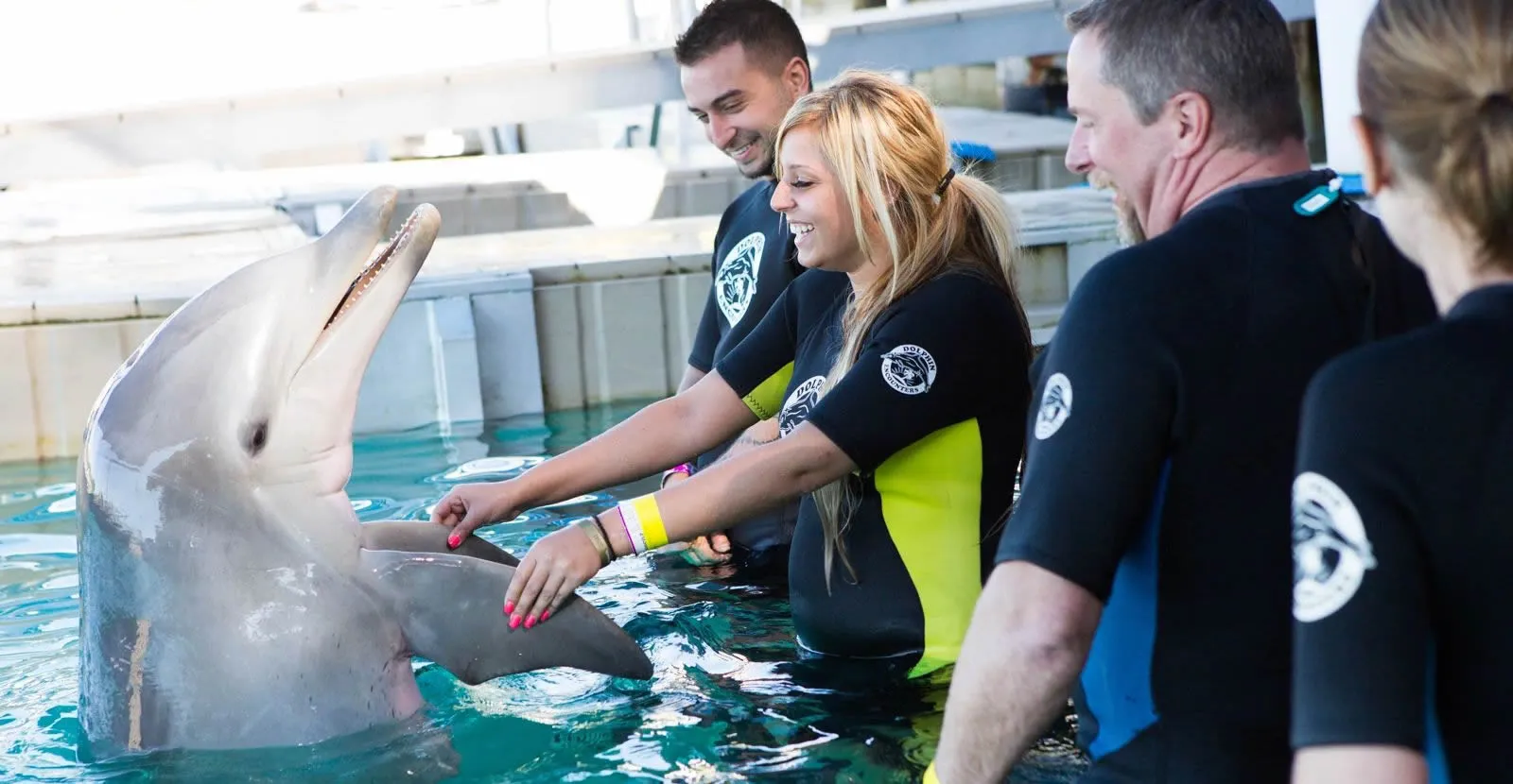 Marine staff interact with smiling dolphin in blue research facility pool