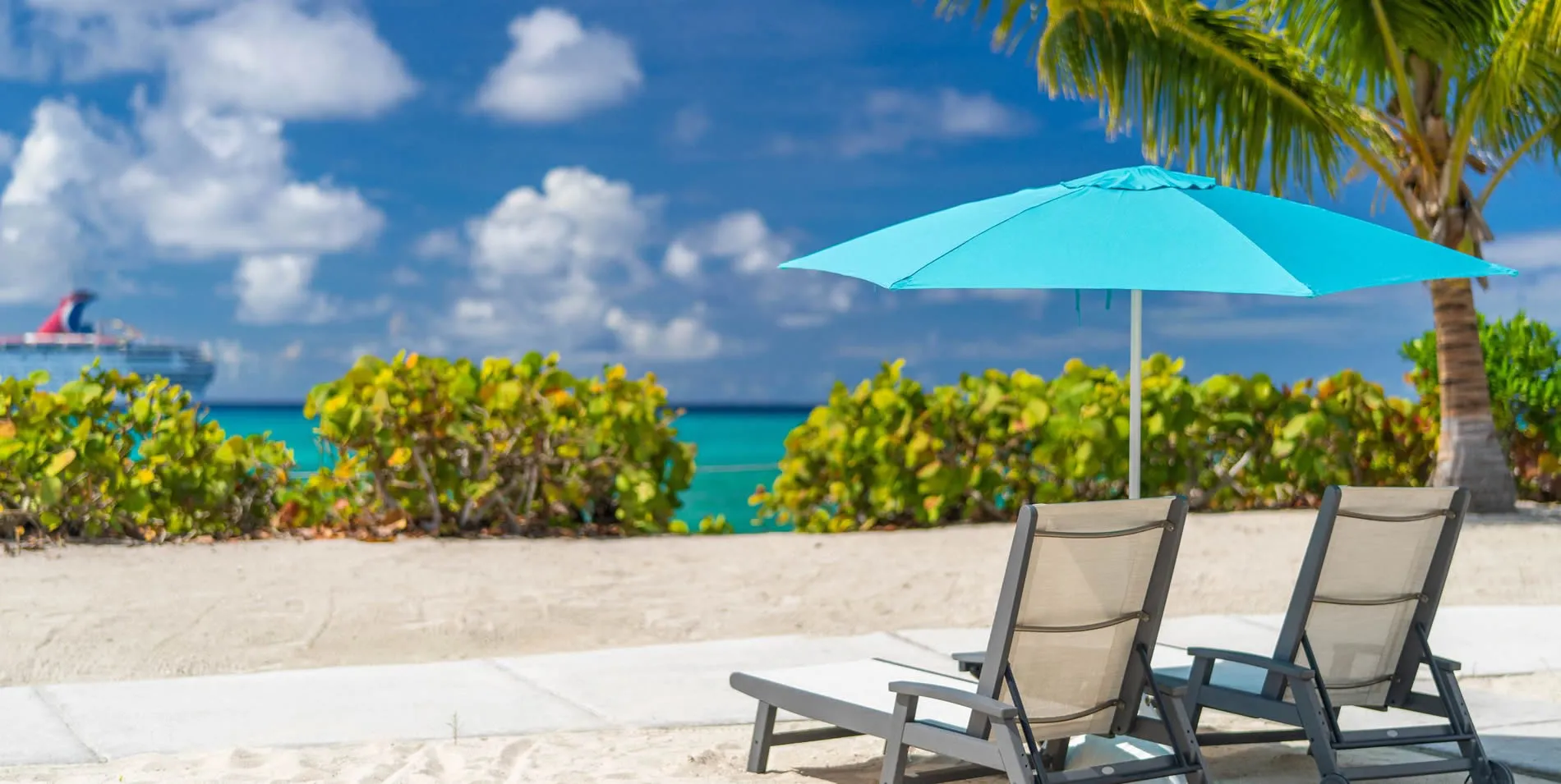 Tropical beach with lounge chairs, blue umbrella, palm tree, and cruise ship
