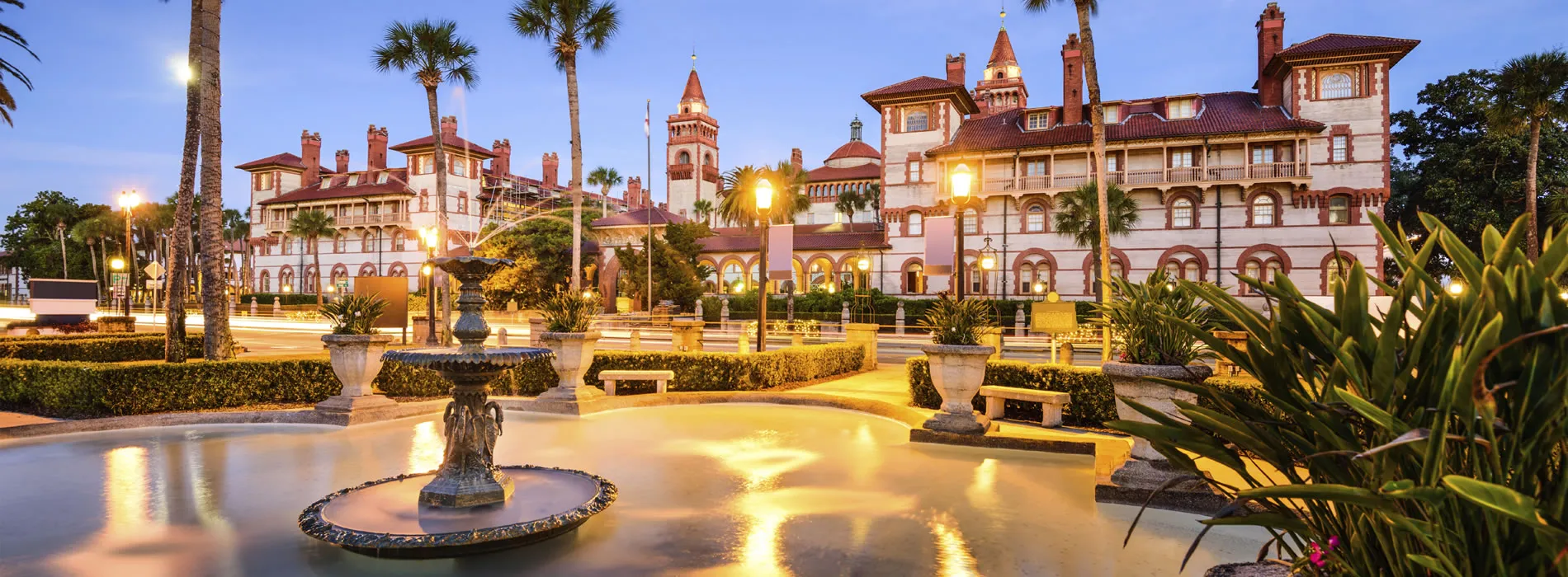Flagler College at twilight with illuminated fountains in St. Augustine, Florida