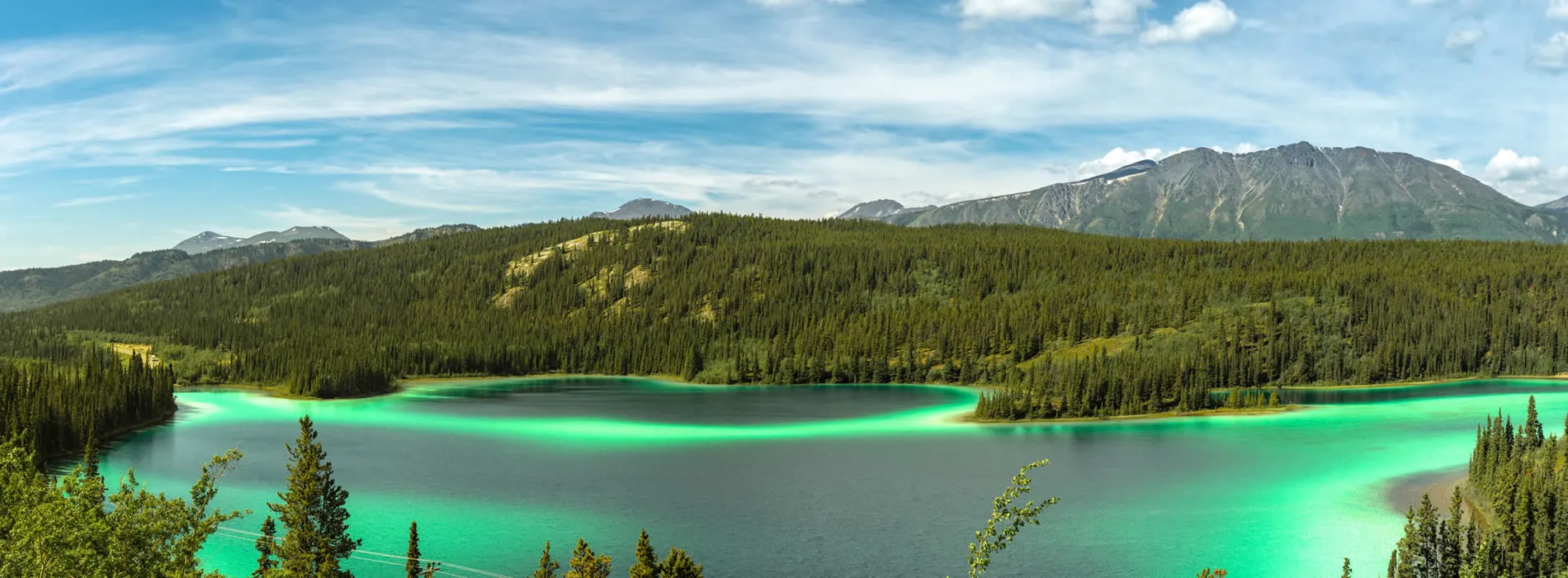Emerald green lake surrounded by pine forest and mountain landscape