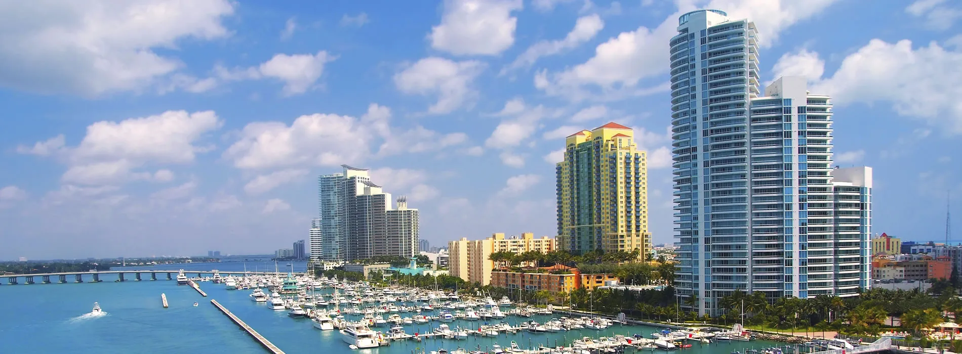 Miami marina with high-rise buildings and boats on bright sunny day