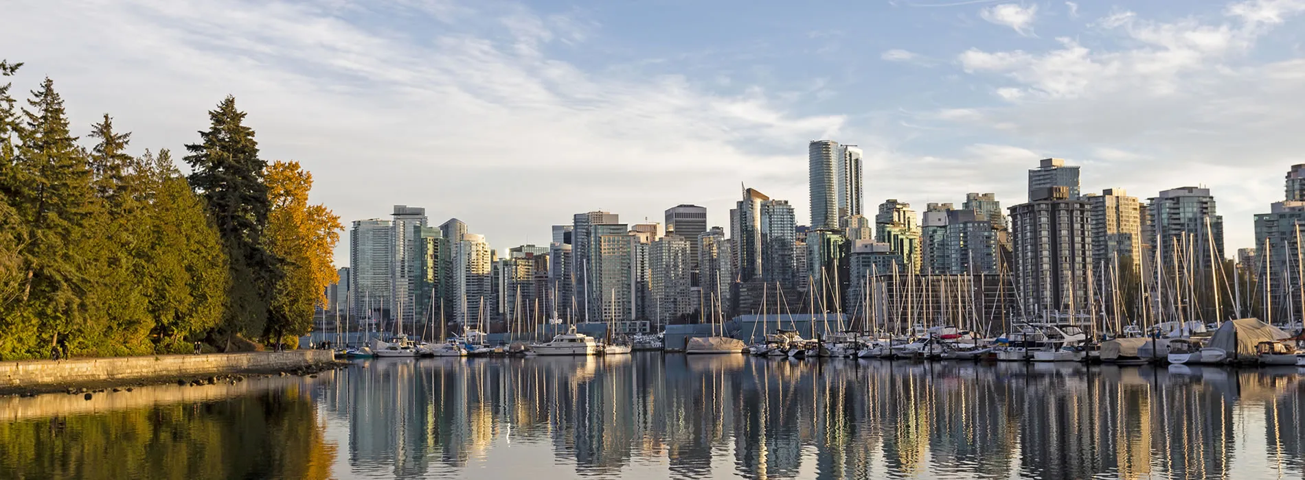 Vancouver skyline with marina, skyscrapers, and autumn trees reflecting in water