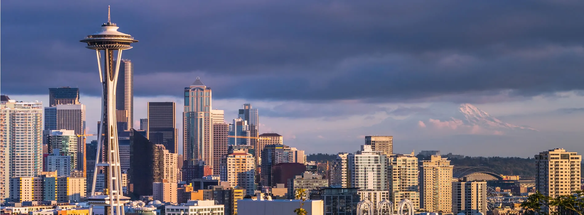 Seattle skyline with Space Needle, downtown skyscrapers, and Mount Rainier