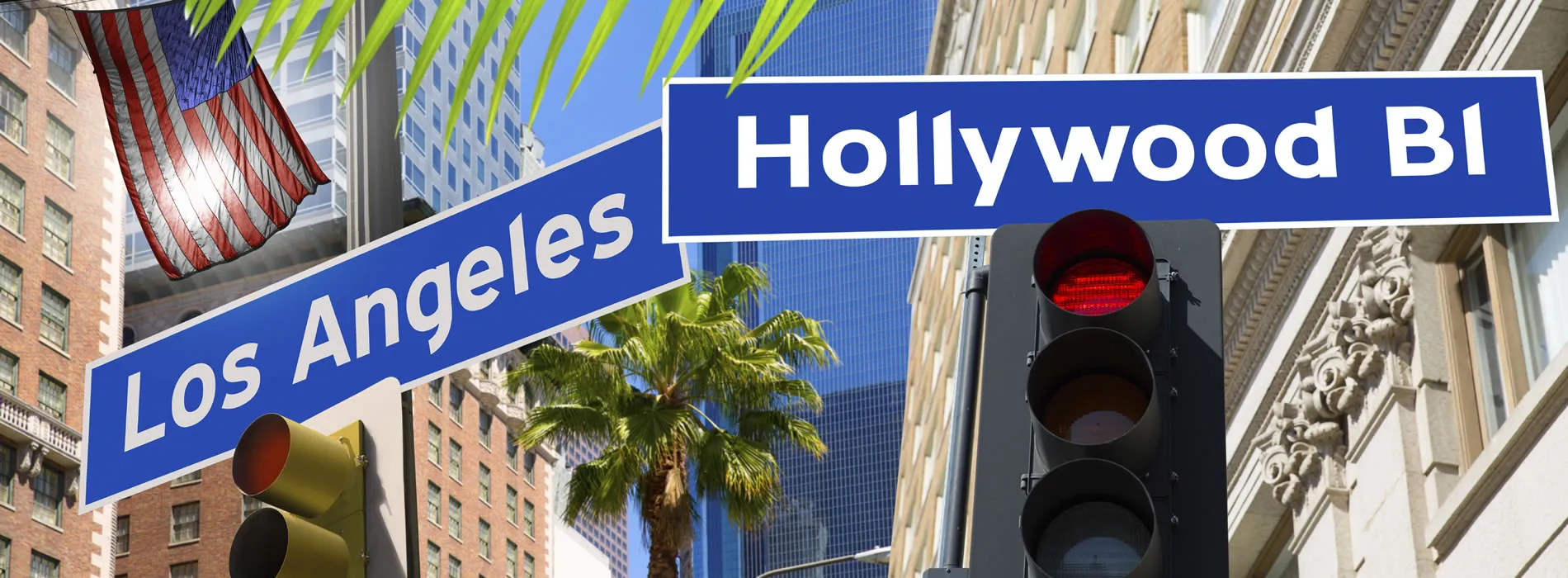 Los Angeles Hollywood Boulevard street sign with palm trees and American flag