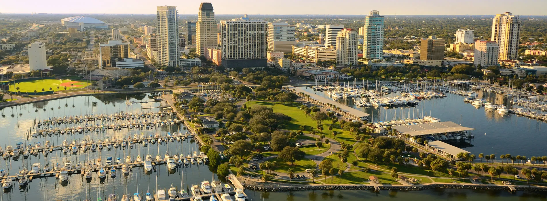 Aerial view of St. Petersburg, Florida marina and downtown skyline
