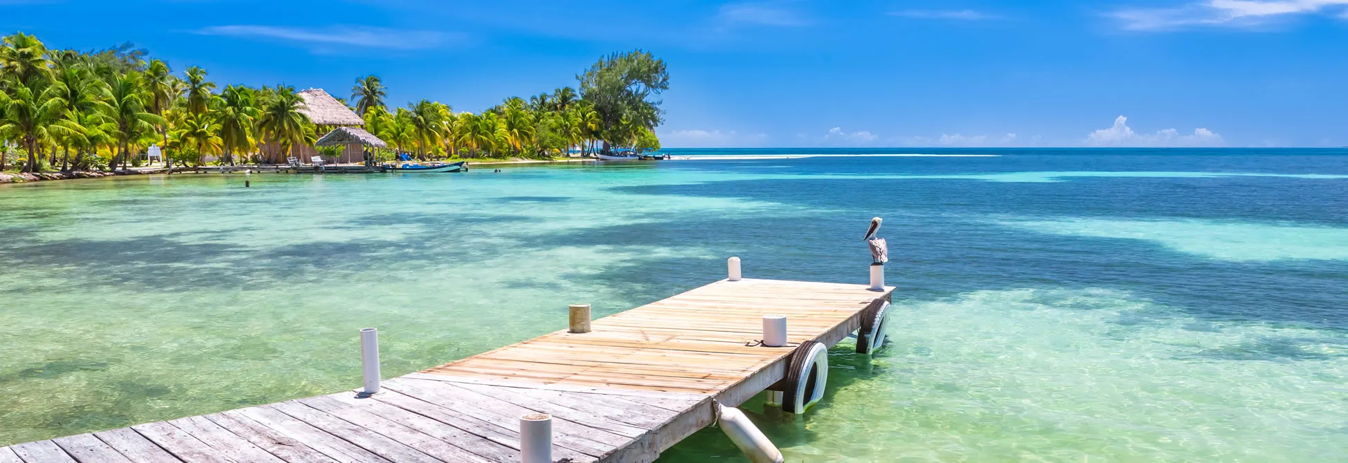 Wooden pier extending into turquoise waters with palm trees and tropical island