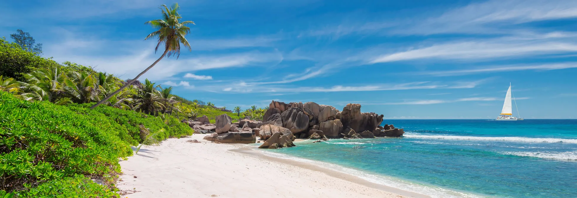 Tropical beach with palm trees, rocky shore, and white sailboat