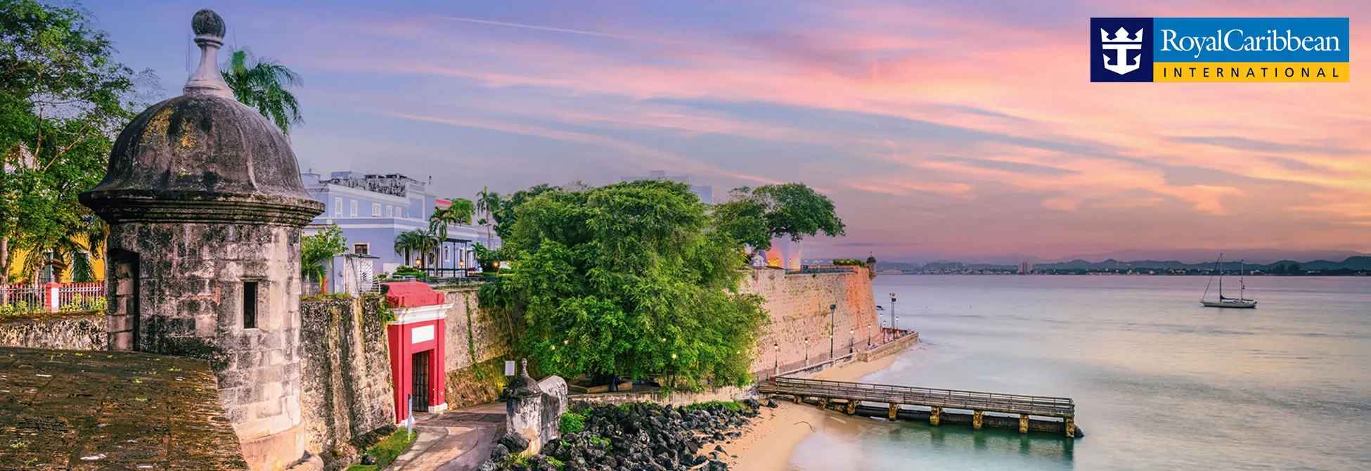 Old San Juan historic fortress wall with sunset over Caribbean harbor
