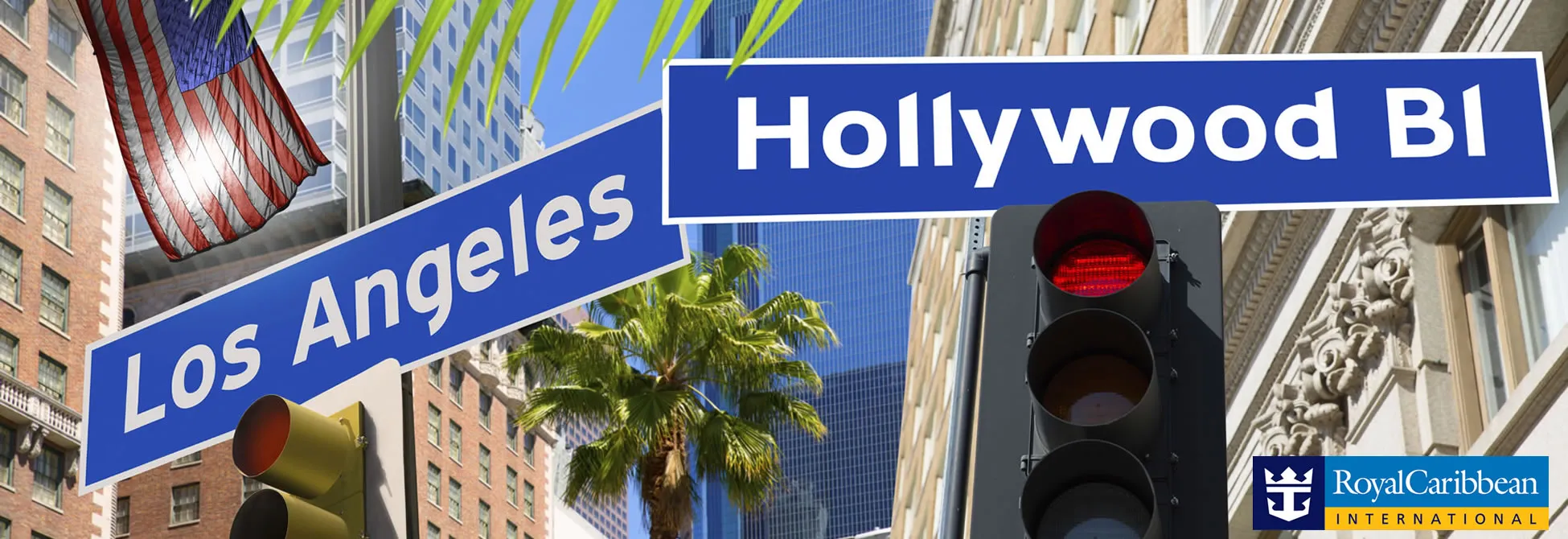 Los Angeles street sign with Hollywood Boulevard and American flag