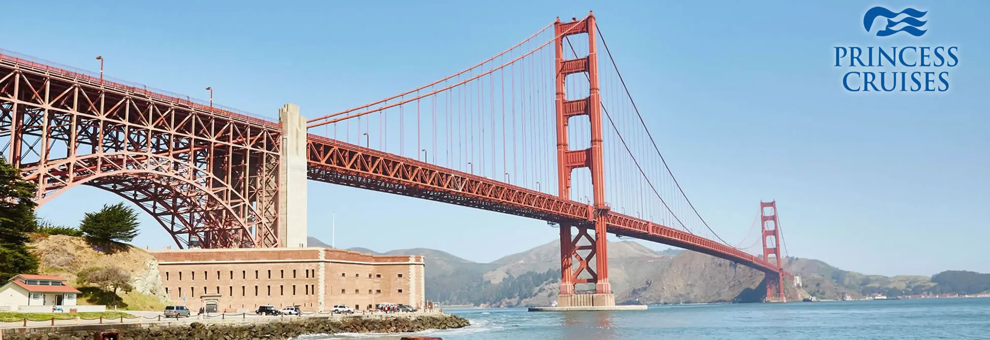 Golden Gate Bridge in San Francisco with clear blue sky and water