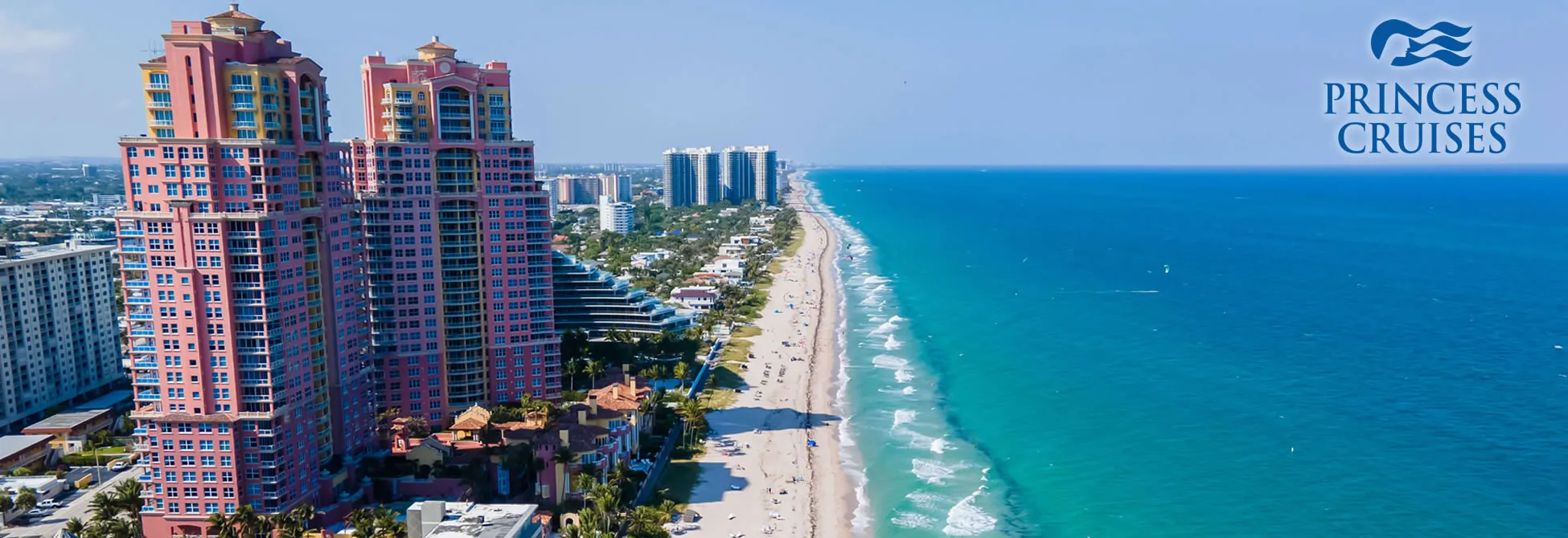 Colorful high-rise buildings along sunny Miami Beach coastline