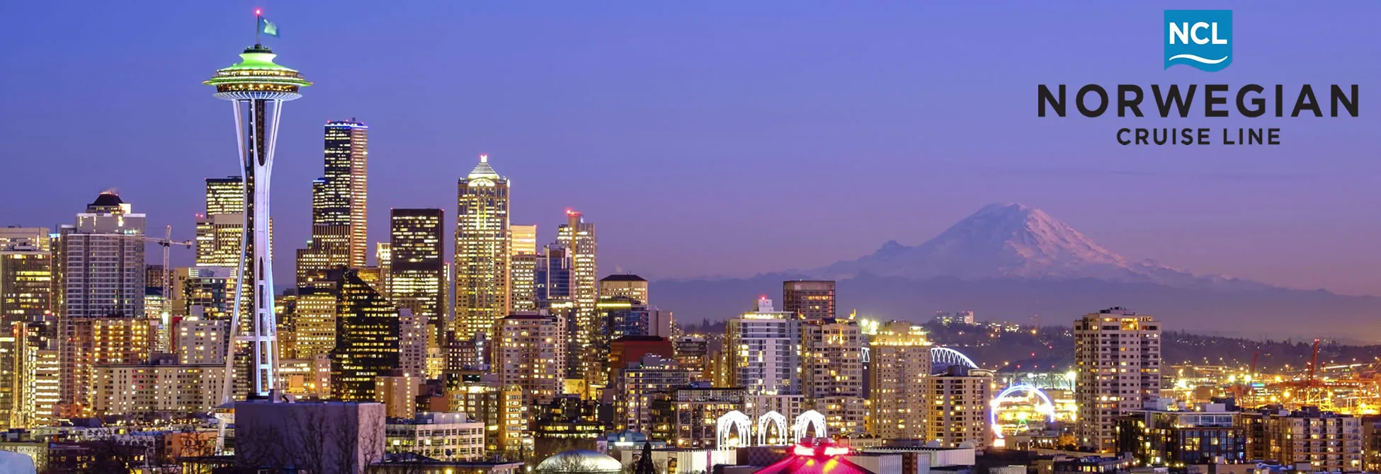 Seattle skyline at dusk with Space Needle, downtown, and Mount Rainier