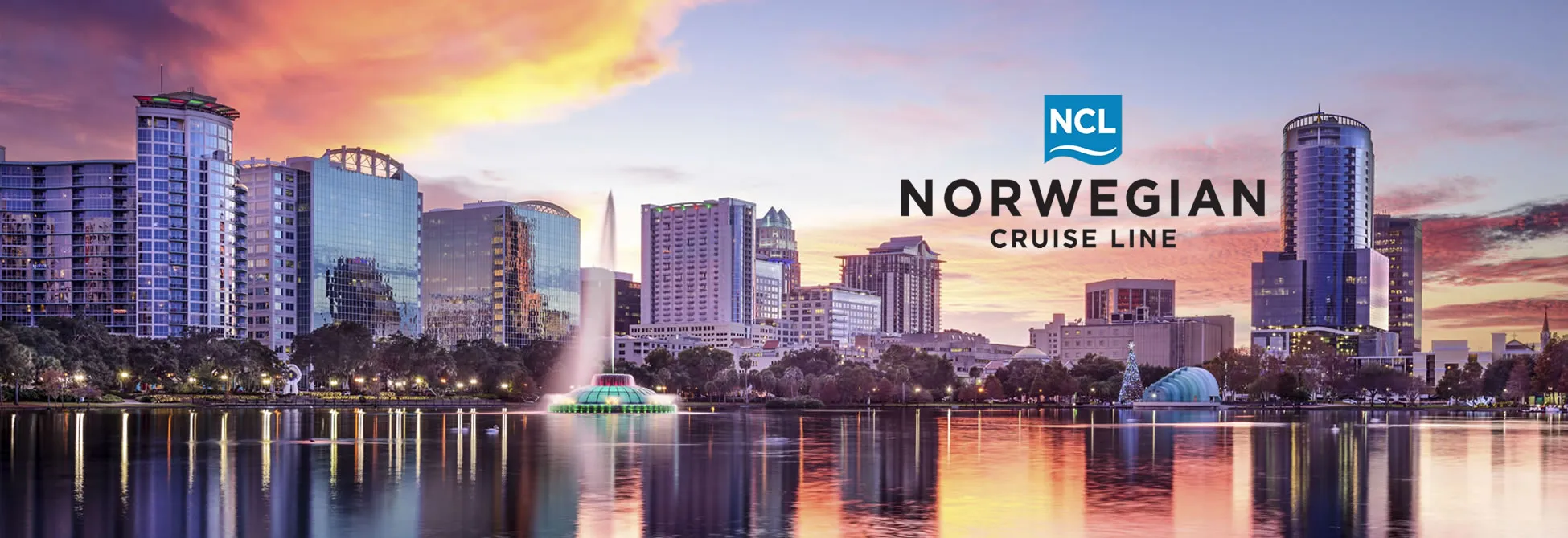 Orlando skyline at sunset with lake, fountain, and Norwegian Cruise Line logo