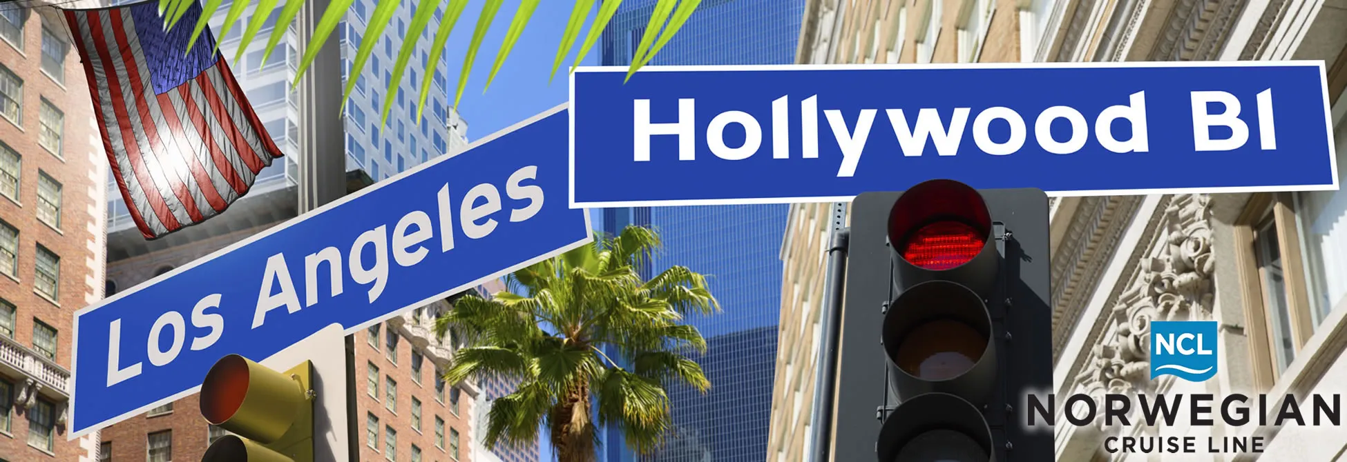 Hollywood and Los Angeles street sign with palm trees and American flag