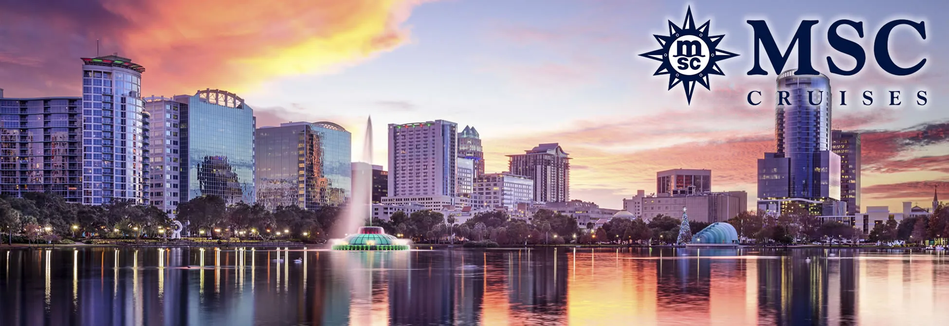 Orlando skyline with Lake Eola fountain at sunset, MSC Cruises logo