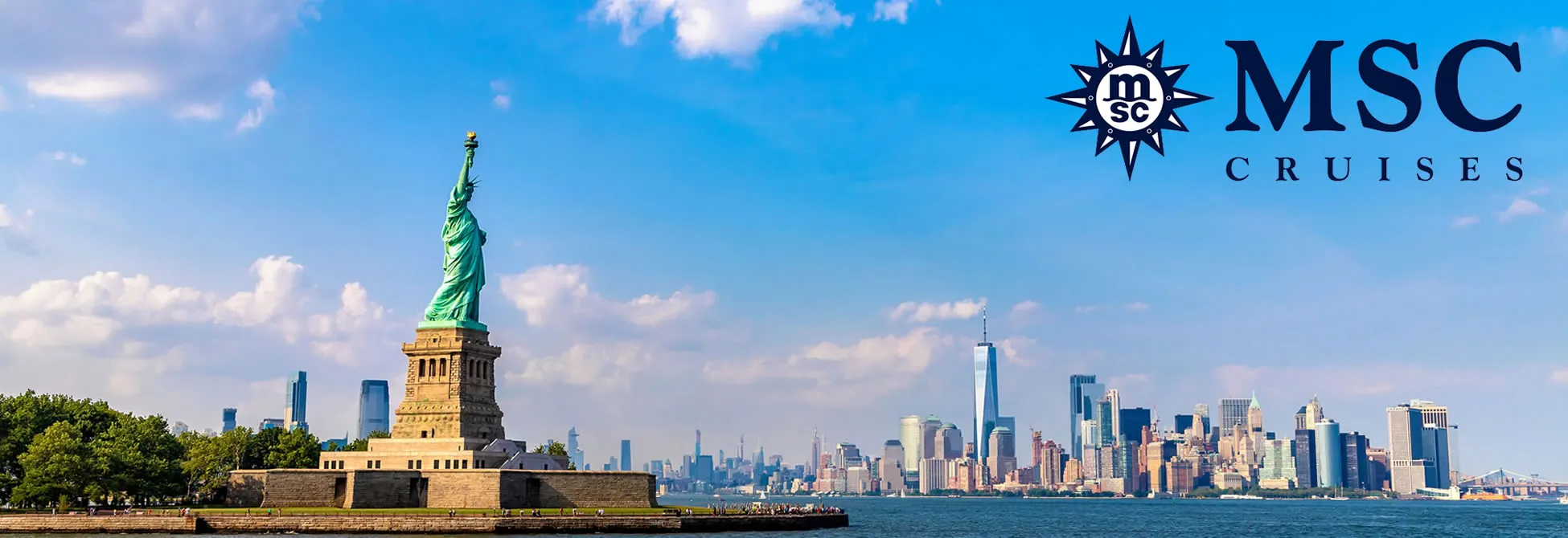 Statue of Liberty with New York City skyline and MSC Cruises logo