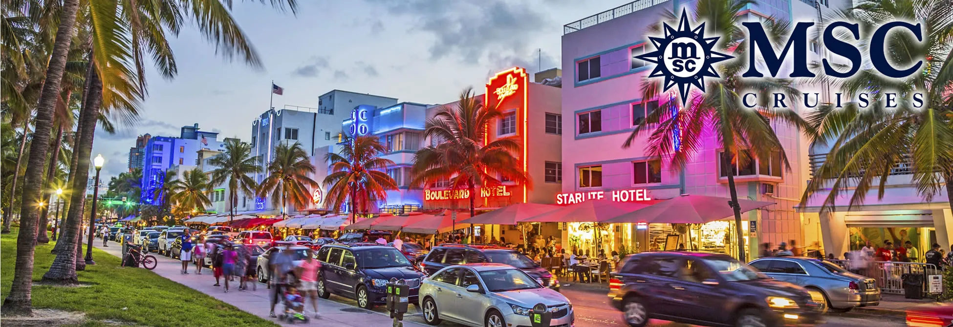 Vibrant Miami Beach street scene with neon hotels and palm trees at night