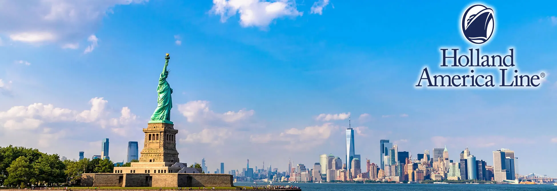 Statue of Liberty with New York City skyline and Holland America Line logo