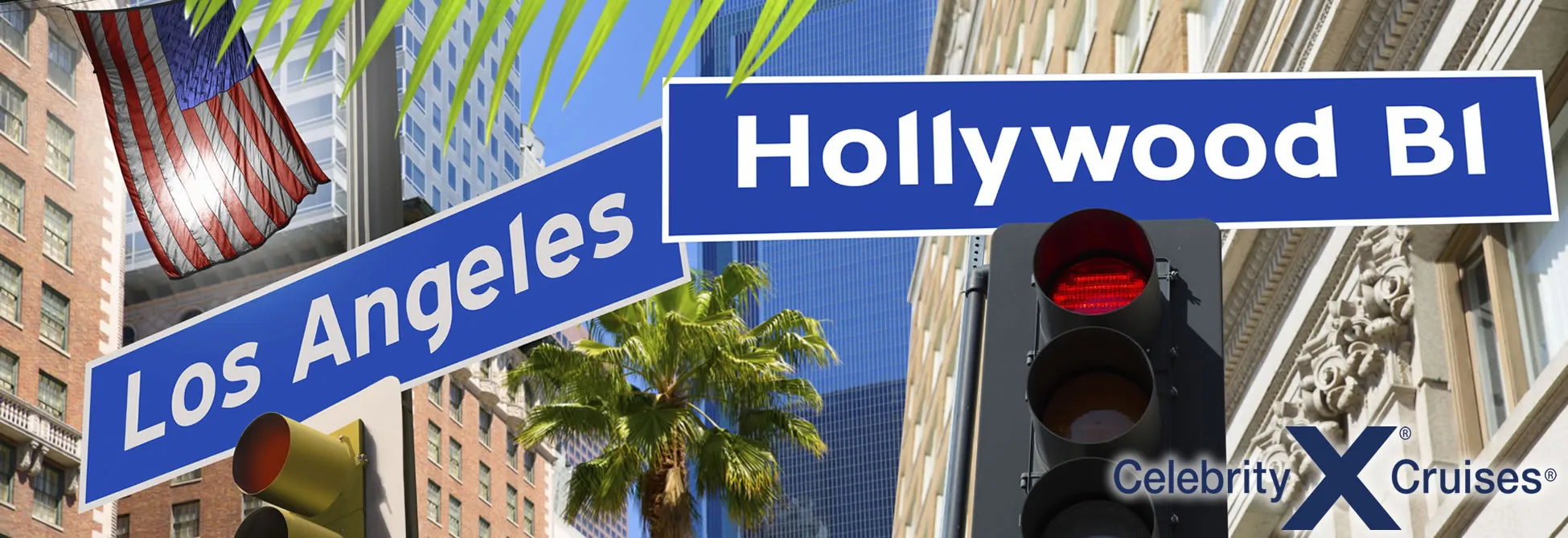Hollywood Boulevard street sign with palm trees and American flag