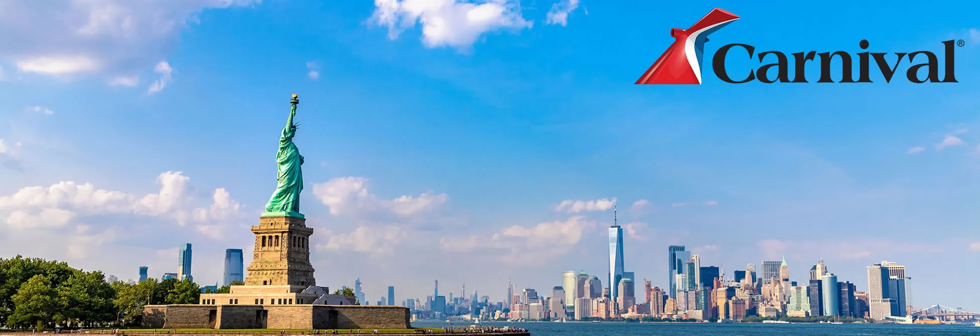 Statue of Liberty with New York City skyline and Carnival cruise logo